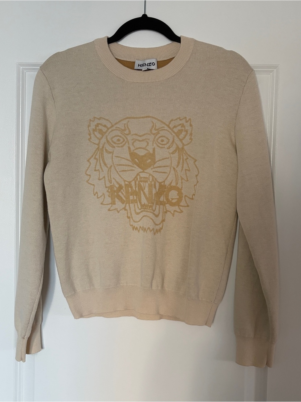 Kenzo Beige Crewneck Sweater with Tonal Tiger Motif